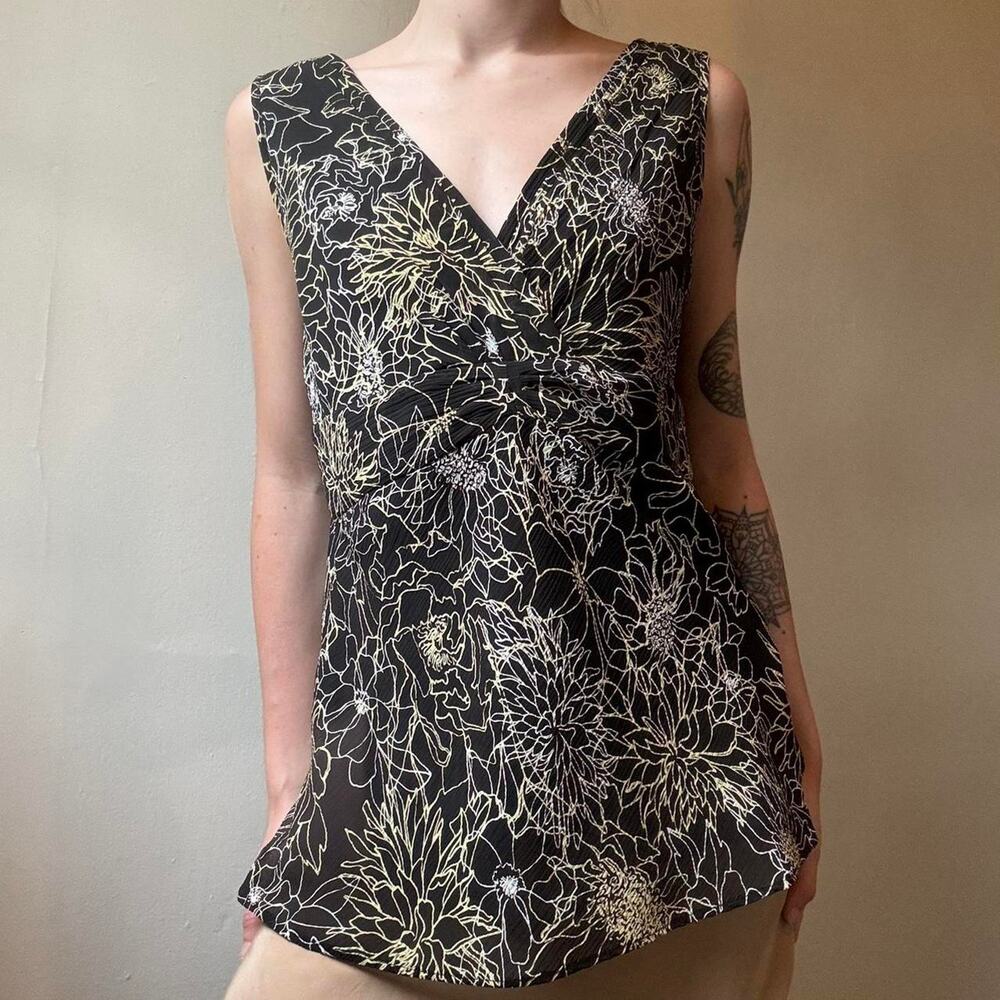 Vintage Casual Corner Annex Black Floral Sleeveless Blouse Medium Y2K 00s